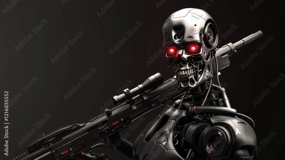 Fototapeta premium Metallic Terminator Robot with Glowing Red Eyes and Sniper Rifle in Dark Setting