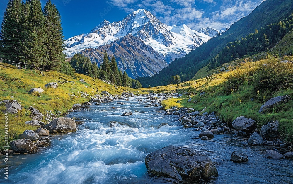 Fototapeta premium Majestic mountain, river, valley landscape.