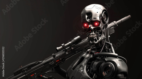 Metallic Terminator Robot with Glowing Red Eyes and Sniper Rifle in Dark Setting