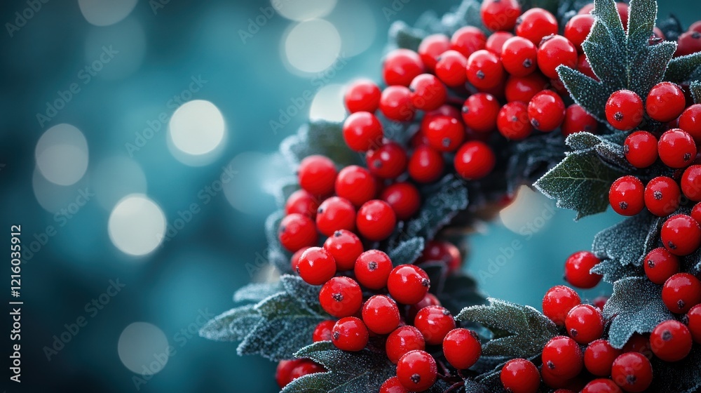 Frosted wreath with vibrant red berries on blurred background Frosted wreath with vibrant red berries on blurred background