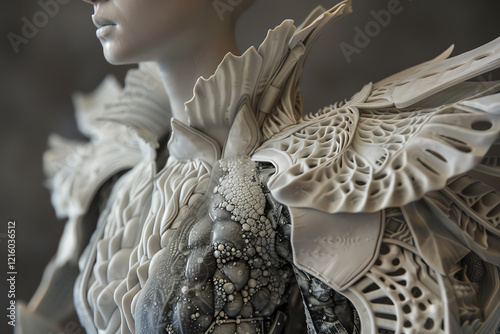 Bring a Dystopian Haute Couture vision to life through a clay sculpture of a high-fashion garment, utilizing dystopian elements and unique textures, enhanced with CG 3D rendering to emphasize the intr photo