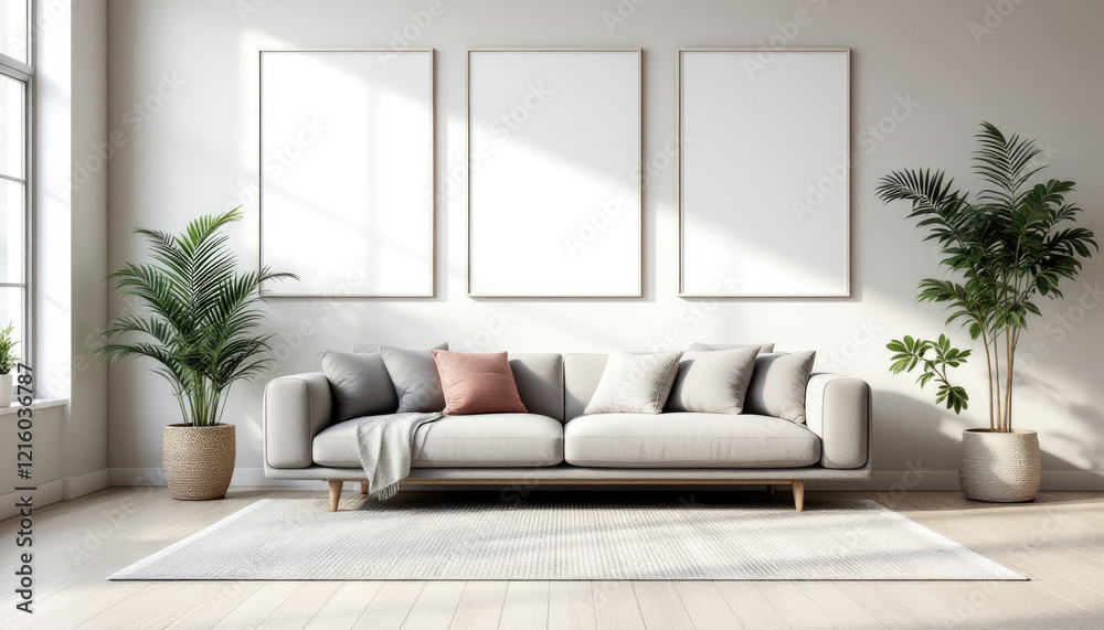 a gray sofa with three blank white frames on the wall above it, two potted plants on either side, and a gray area rug on the floor. Cozy modern living room with photo frame design a gray sofa with three blank white frames on the wall above it, two potted plants on either side, and a gray area rug on the floor. Cozy modern living room with photo frame design