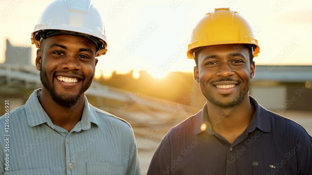 Portrait of two different male engineers: African American male supervisors at a construction site. Portrait of two different male engineers: African American male supervisors at a construction site.