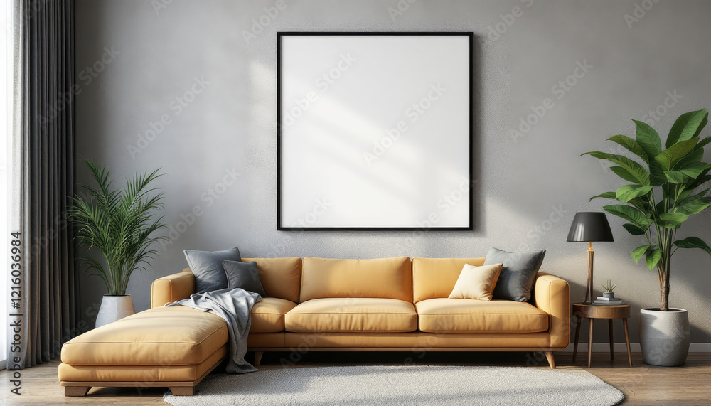 a large, comfortable couch with a footrest, a white picture frame on the wall above it, and two potted plants on either side of the couch. Cozy modern living room with photo frame design a large, comfortable couch with a footrest, a white picture frame on the wall above it, and two potted plants on either side of the couch. Cozy modern living room with photo frame design