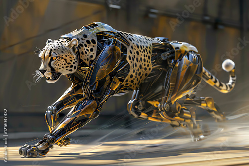 Capture a majestic robotic cheetah in full sprint, its metallic fur glistening under the artificial sunlight, racing towards the viewer with a fierce intensity, creating a sense of dynamic motion Trad photo