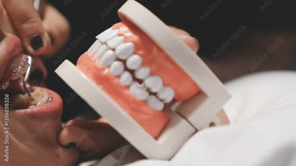 Beautiful woman with braces on her teeth at the dentist