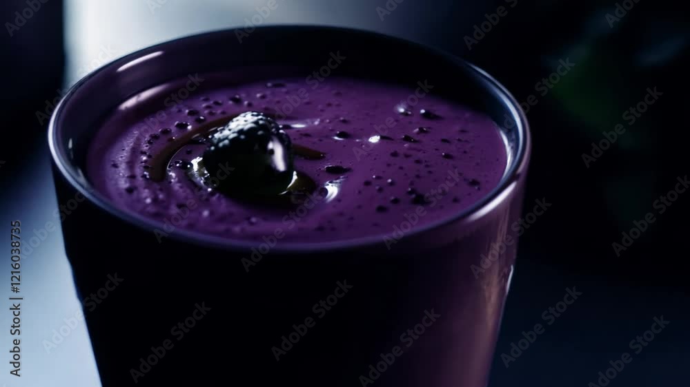 Zoom-out video of a dark purple blackberry and avocado smoothie in a matte black tumbler, with low key lighting creating a moody atmosphere