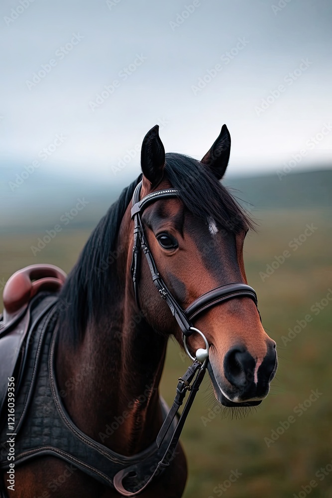 Obraz premium close-up of horse bridle and saddle with blurred landscape of rolling hills in background