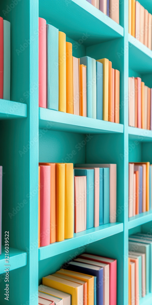 Colorful books on turquoise shelves in modern library, vibrant literature display, organized arrangement Colorful books on turquoise shelves in modern library, vibrant literature display, organized arrangement