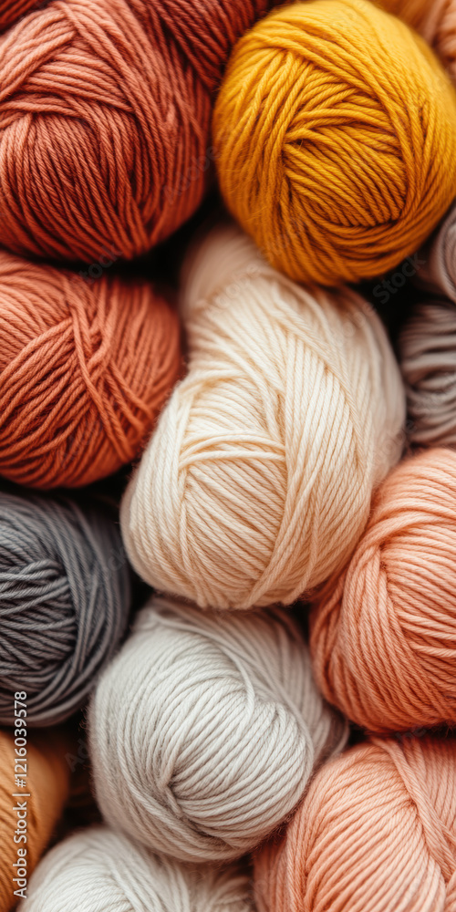Colorful wool yarn balls arranged in a cozy pile, showcasing various warm hues for knitting and crafting projects Colorful wool yarn balls arranged in a cozy pile, showcasing various warm hues for knitting and crafting projects