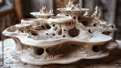 Craft a clay sculpture depicting an aerial perspective of a utopian world where futuristic technology harmoniously coexists with romantic nuances, blending smooth curves and intricate details for a ta photo