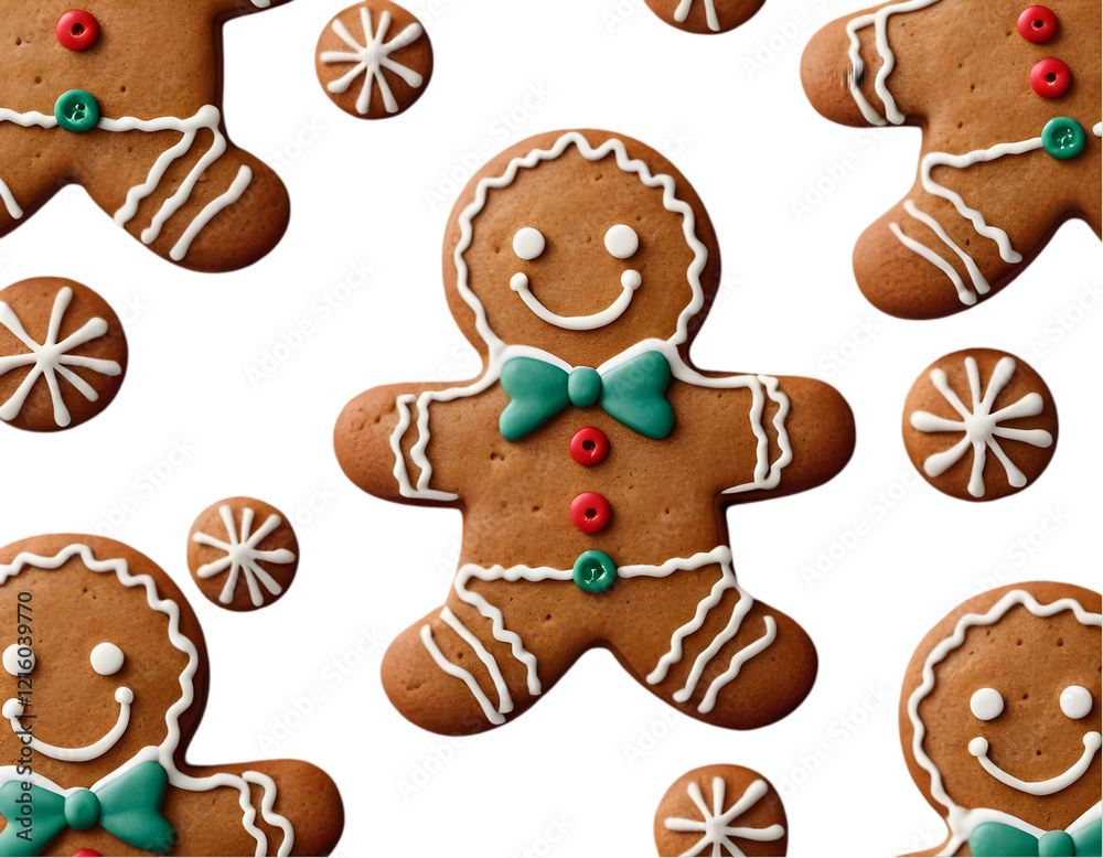 A cheerful gingerbread man cookie decorated with white icing details, featuring a smiling face, buttons, and cuffs. This festive Christmas decoration is isolated on a clean white background, A cheerful gingerbread man cookie decorated with white icing details, featuring a smiling face, buttons, and cuffs. This festive Christmas decoration is isolated on a clean white background,