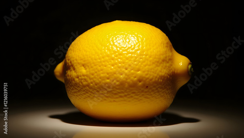 A vibrant yellow lemon with a textured rind, subtly illuminated against a dark background, highlighting its zesty color and juicy, succulent texture. photo