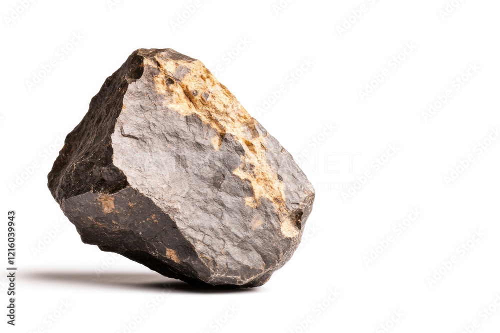 close-up of meteorite fragment on white background showcasing its rough metallic surface and unique texture close-up of meteorite fragment on white background showcasing its rough metallic surface and unique texture