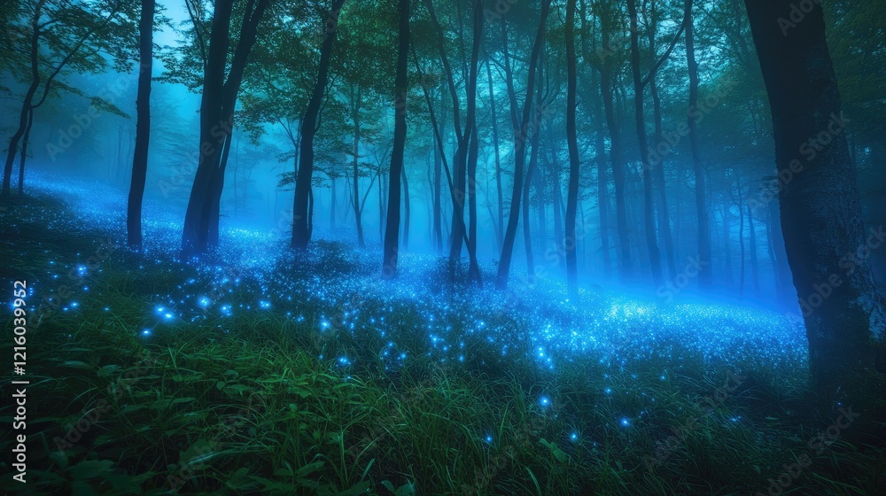 Naklejka premium Mist-filled enchanted forest glowing with bioluminescent plants and radiant magical lights, creating an otherworldly atmosphere