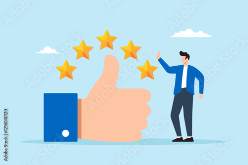 Flat illustration of business owner give big thumb up with five stars symbolizing high quality service