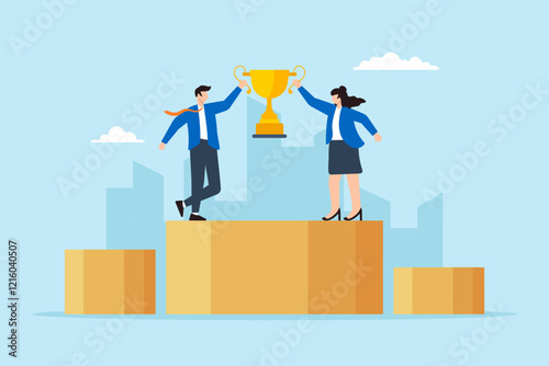 Flat illustration of businessman and businesswoman hold trophy on podium celebrating team success and victory