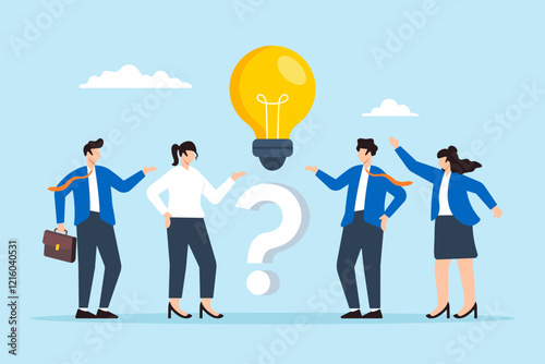 Flat illustration of business people stand with question mark and lightbulb symbolizing QA session to solve problem