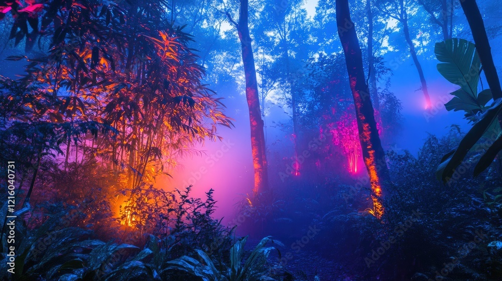 Fototapeta premium Mystical enchanted forest with glowing bioluminescent plants and trees, illuminated by magical lights and fog