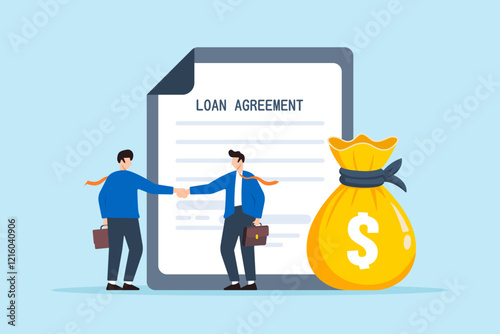 Flat illustration of businessman shaking hand with loan agreement and money bag symbolizing financial support or mortgage