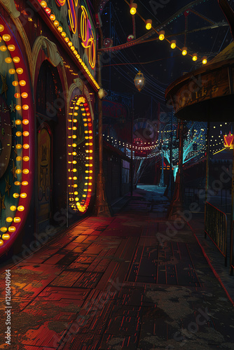 Create a unique blend of horror and comedy using CG 3D rendering, showcasing a spooky carnival at night with distorted funhouse mirrors, sinister clowns, and a group of unsuspecting visitors encounter
