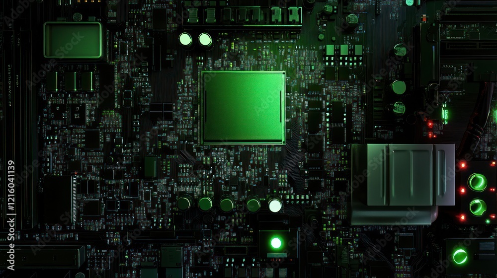 Fototapeta premium Glowing Green Circuit Board: A Close-Up of Technological Intricacy