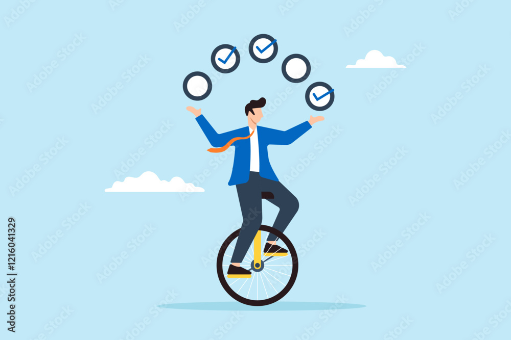 Flat illustration of businessman juggling checkbox while balancing on unicycle symbolizing task management and productivity