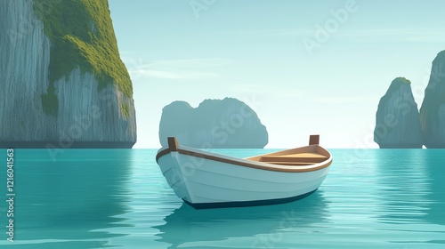 Serene small boat adrift in a tranquil, tropical bay amidst towering limestone karsts