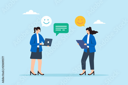 Flat illustration of cheerful businesswoman share feedback emoji with teammate symbolizing team communication and idea improvement