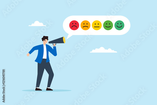 Flat illustration of man shout on megaphone with satisfaction emoticon symbolizing customer survey to evaluate service quality