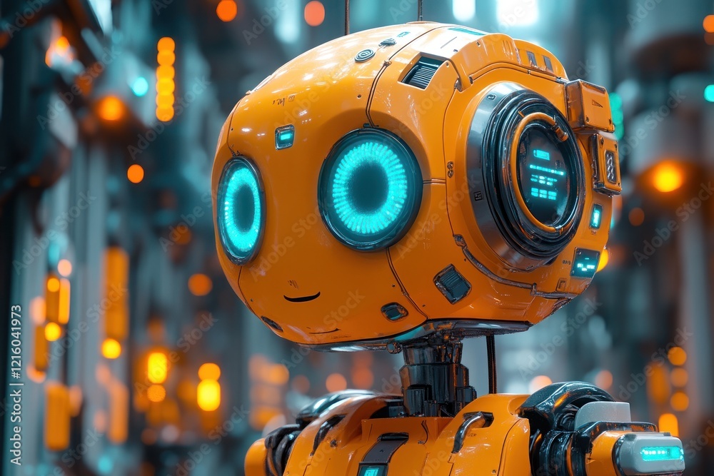 Fototapeta premium Friendly robot with glowing eyes in futuristic setting