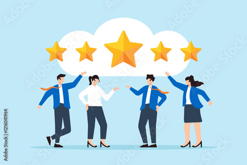 Flat illustration of customer give 5 star rating symbolizing feedback for best quality and satisfaction