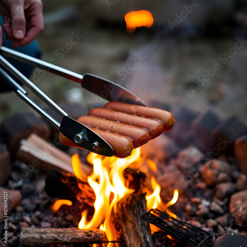 the hotdogs are being cooked over the bonfire with tongs photo