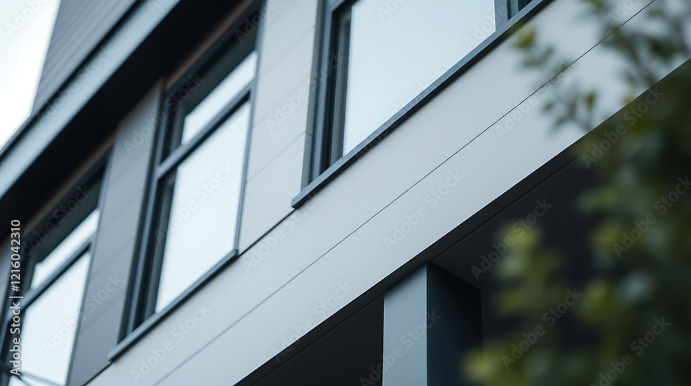Modern Architectural Design: Sleek Exterior with Large Windows and Grey Metal Paneling Modern Architectural Design: Sleek Exterior with Large Windows and Grey Metal Paneling