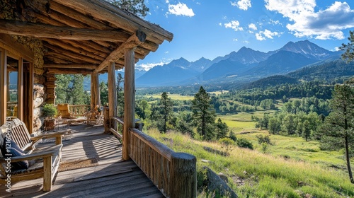 Fototapeta Naklejka Na Ścianę i Meble -  Log cabin porch overlooking a breathtaking mountain valley landscape
