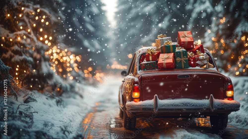 Classic car with gifts on snowy road in winter forest Classic car with gifts on snowy road in winter forest