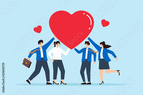 Flat illustration of business people hold large heart symbolizing gratitude and appreciation for sharing success