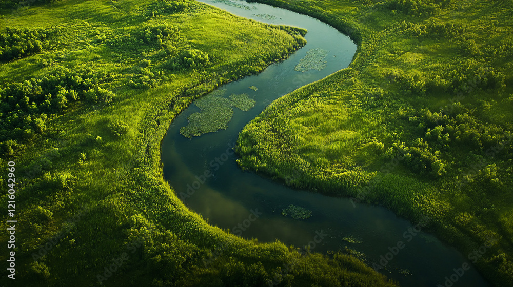 Curving river flows through lush green landscape in the early morning light Curving river flows through lush green landscape in the early morning light