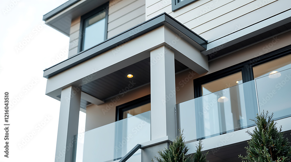 Fototapeta premium Modern House Exterior: Contemporary Home Design and Architecture. Luxury Real Estate Property with Glass Balcony and Stunning Facade