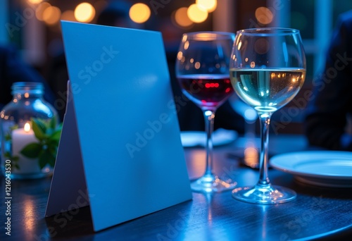 Festive Celebration Flyer: Close-up, 99x210 Size, Dark Blue Tones, Wine Glass in Background, Clearly Visible, Elegant Event Promotion, Detailed Vertical Shot

 photo