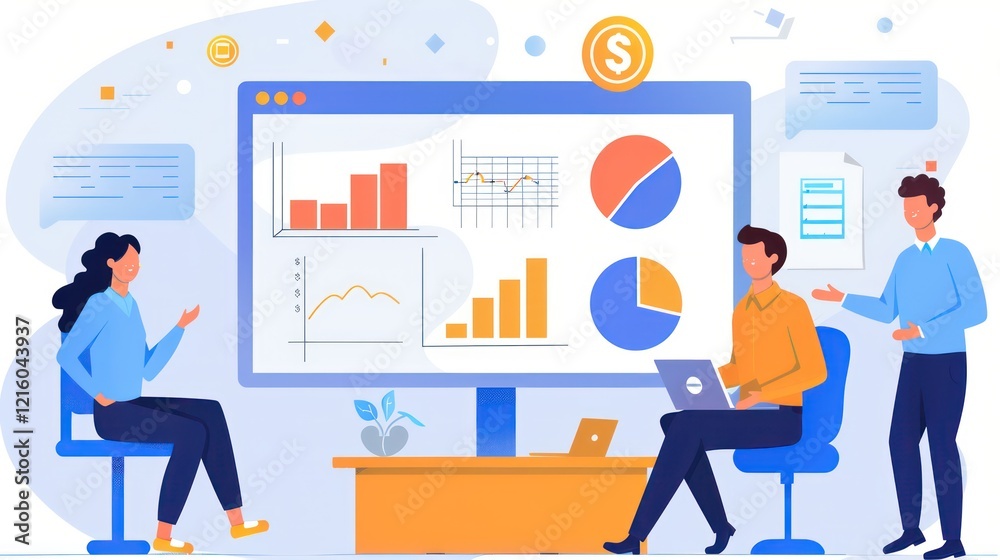 A business consultant prepares a financial analysis report on a laptop, with bar graphs, pie charts, and market trends on the screen A business consultant prepares a financial analysis report on a laptop, with bar graphs, pie charts, and market trends on the screen
