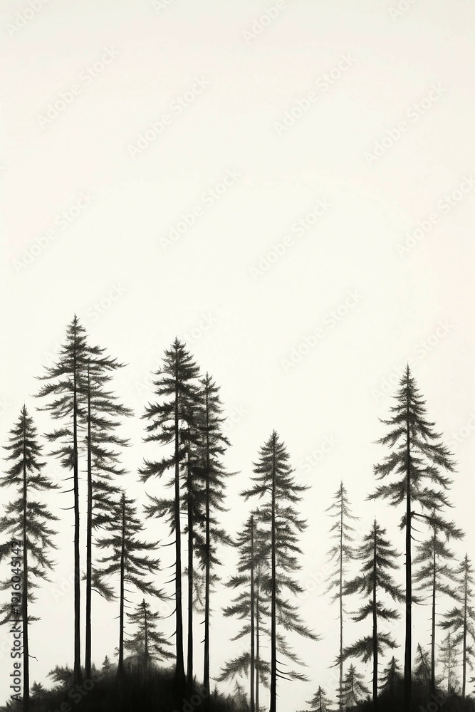 Fototapeta premium ridgeline of pine tree silhouettes, fineline , black and white