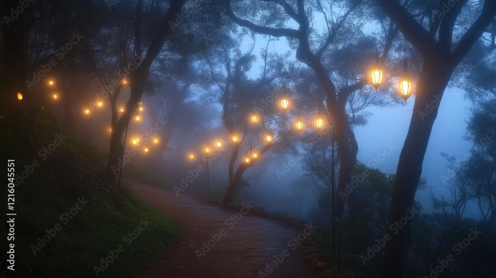 Dreamy enchanted forest with bioluminescent plants glowing softly, magical lights illuminating the misty atmosphere Dreamy enchanted forest with bioluminescent plants glowing softly, magical lights illuminating the misty atmosphere