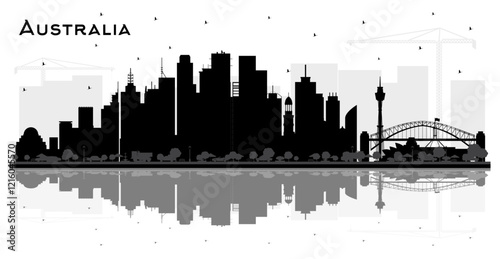 Australia City Skyline Silhouette with Black Buildings and reflections Isolated on White. Tourism Concept with Historic Architecture. Australia Cityscape with Landmarks. Sydney.