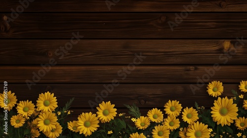 Wooden background with yellow gerbera daisies along the bottom edge with copy space for text photo
