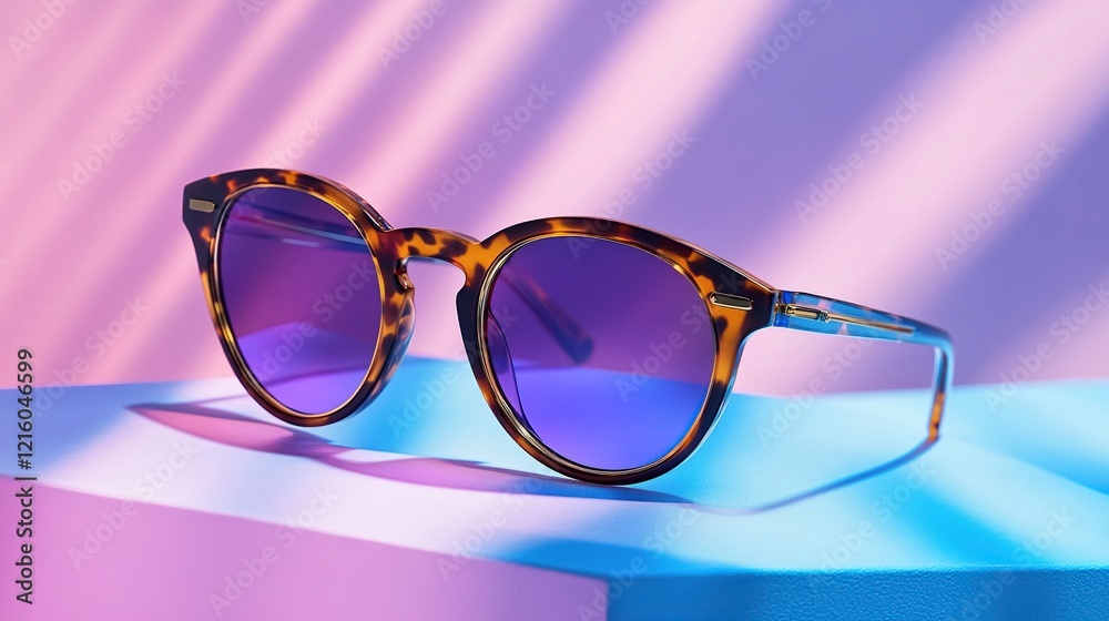 Stylish tortoiseshell sunglasses with purple lenses on a colorful background. Stylish tortoiseshell sunglasses with purple lenses on a colorful background.