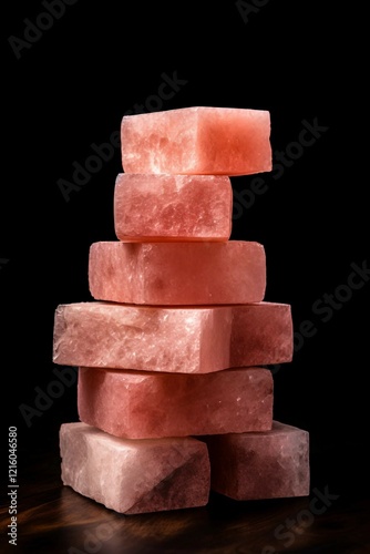stack of pink himalayan salt brick on black background 