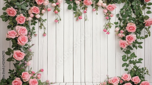 White Wooden background with roses decoration with copy space for text