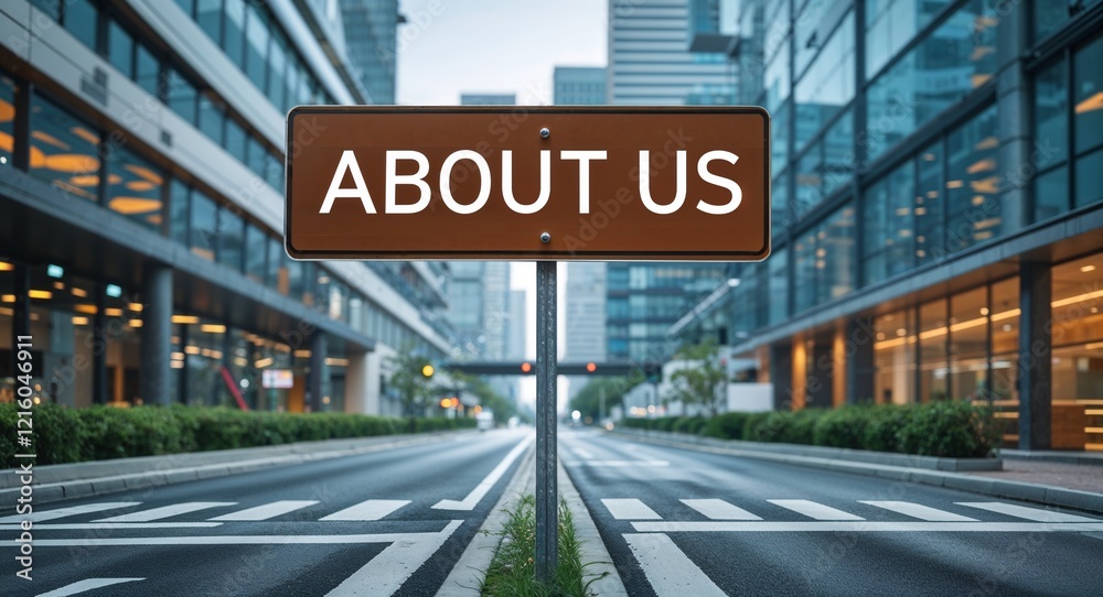 about us text on road sign in middle of modern business city background about us text on road sign in middle of modern business city background