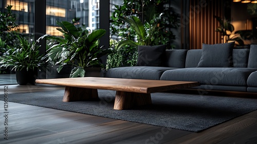 Modern living room, wooden coffee table, city view, plants, relaxation